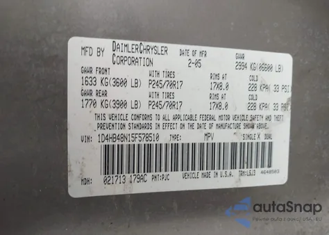 2005 Dodge Durango Slt from USA, damaged, VIN 1D4HB48N15F578510